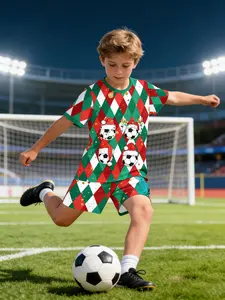 Boys' Diamond Pattern Christmas Hat Football Print T-Shirt & Short Set, Casual Summer for Parties, Vacation, School