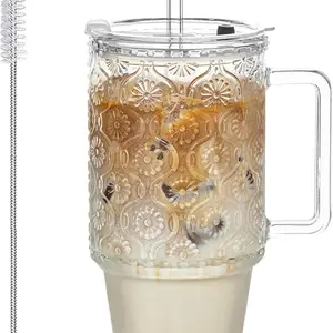 24 Oz Ribbed Glass Tumblers with Lids and Straws, Tumbler Cup with Handle, Iced Coffee Glassware, Clear Reusable Drinkware for Smoothies and Beverages