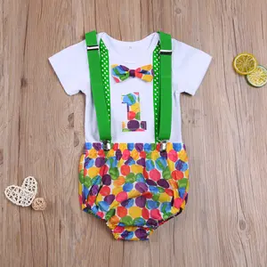 Toddler Infant Baby Boys One Birthday Summer Outfits Set Multicolor Circle O-Neck Romper Tops Suspender Shorts Birthday Party Dress Clothes Set