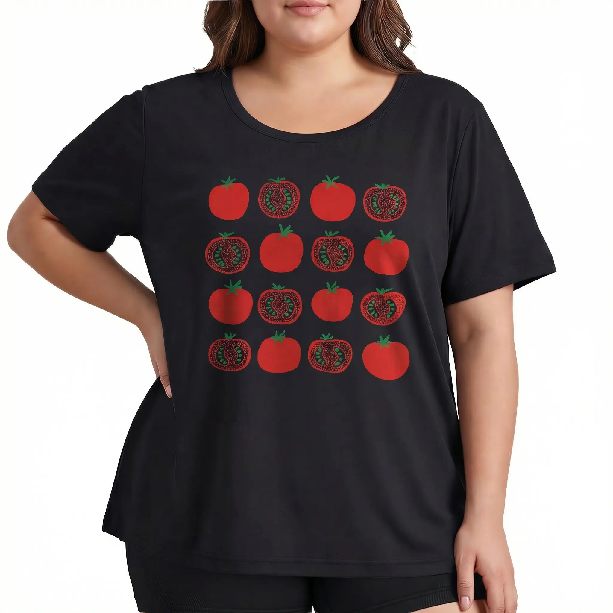 Tomato Graphic Tee Women Plus Size Cottagecore Aesthetic Shirt Retro Food Print Farmers Market Vibe Cute Veggie Pattern Casual Butter Soft Top Foodie Gift
