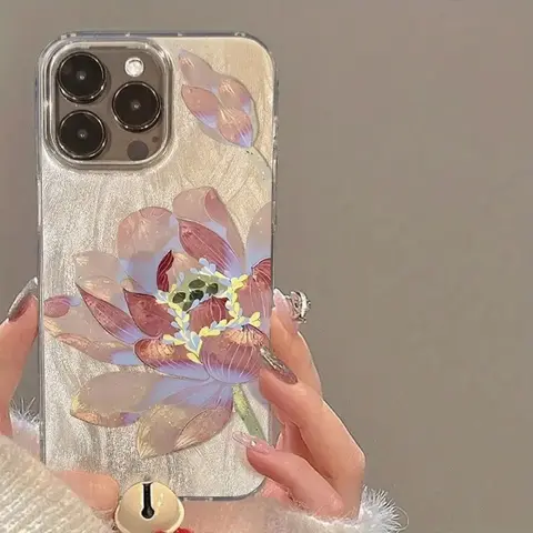 Elegant Pink Lotus Flower Feather Cloth Cellphone Case for iPhone 17/16/15/14 Pro/13/12/11 Pro Max/Plus/Air - TPU PET, Scratch-Resistant, Shockproof, Slim-Fit, Lightweight Durable Protective Casing Accessory