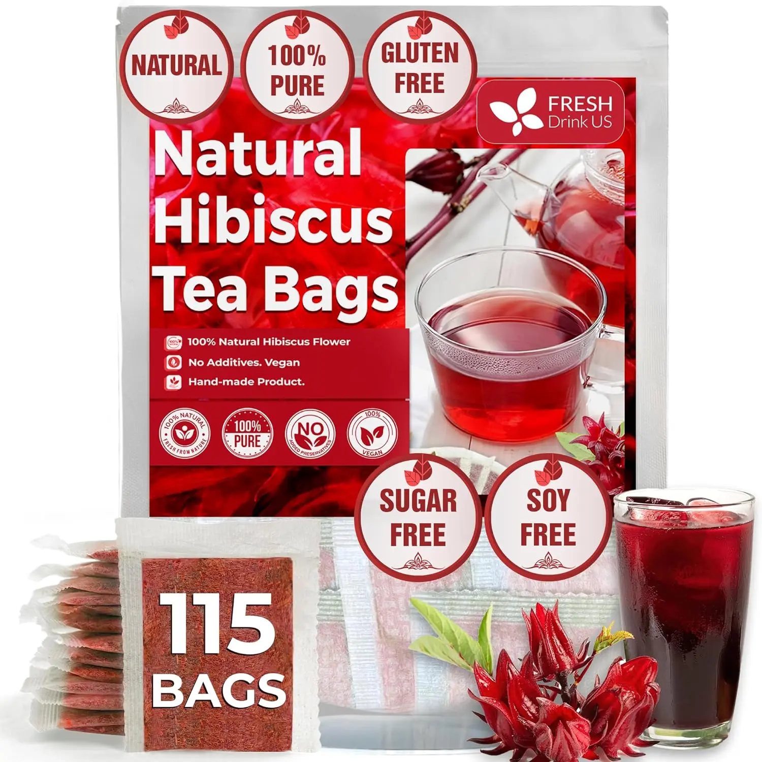 Premium 115 Flor de Hibisco Tea Bags, 100% Natural, Pure from Hibisco Flowers. Loose flor de Jamaica Hibisco Herbal Tea. Hibisco Flower Tea. No Sugar, No Caffeine, No Gluten, Vegan. hibisco tea Beverage