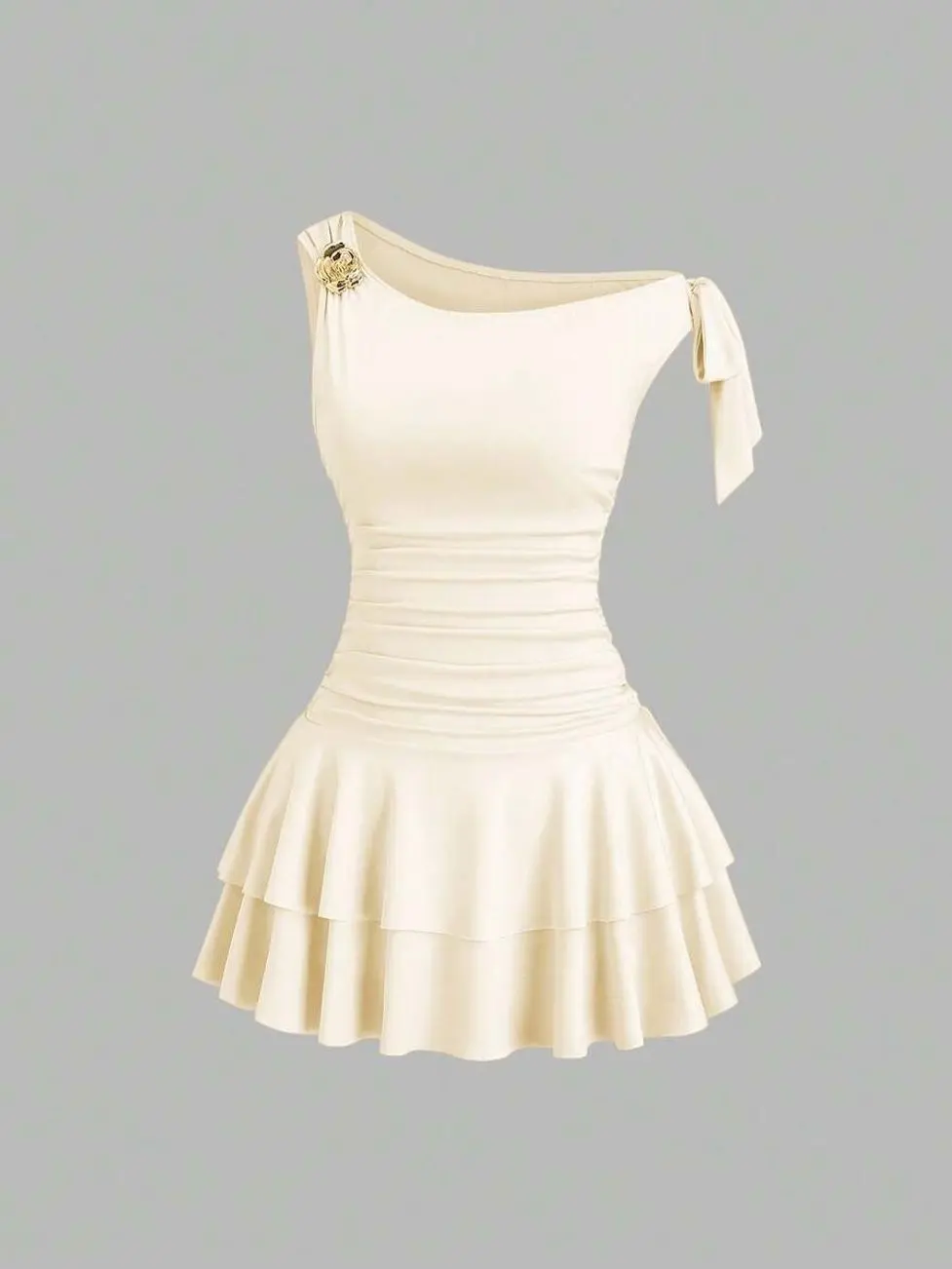 Women One Shoulder Mini Dress Floral Metal Decor Asymmetric Ruffle Hem Elegant Party Wear