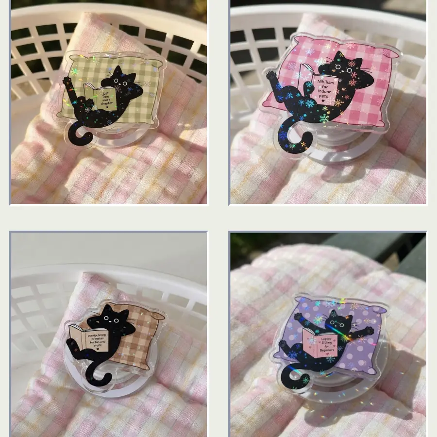 [NEW UPDATED] Hologram Cat Book Phone Grip – Cute Reading Cat Design, Sparkly Phone Accessory For Book Lovers And Everyday Style