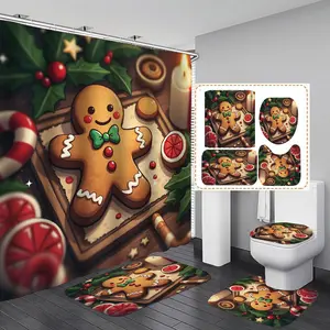 1/3/4PCS Christmas cartoon style gingerbread man and festive treats Shower Curtain Set with Rugs, Non Slip Bath Mat, U-Shape Carpet, Toilet Lid Cover, Polyester Fabric Bathtub Curtain Accessories, 12 Hooks, Home Bathroom Festival Decor