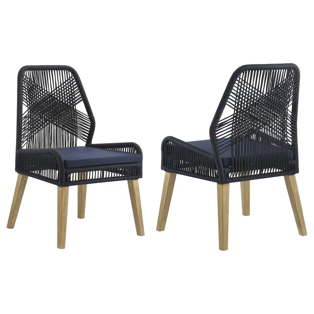 Nakia Woven Rope Wood Armless Dining Chairs, Dark Navy, Set of 2, Foam-Padded, Open and Airy Design, Ideal for Coastal Cottages, Lakeside Retreats