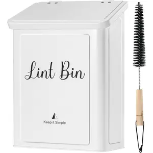 Lint Bin for Laundry Room, Wall Mounted Metal Lint Box Holder Trash Can with Lid for Dryer,Lint Basket for Laundry Room Organization,White