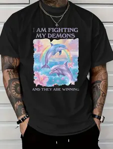 Black T-Shirt with Dolphin Rainbow Print and I Am Fighting My Demons And They Are Winning Text for Casual Wear