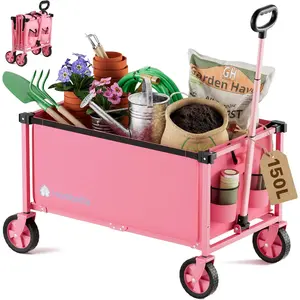 Collapsible Wagon Cart with Wheels, 150L Lightweight Foldable Cart, Rolling Wagon for, Shopping, Sports, Camping, Transport, Pink