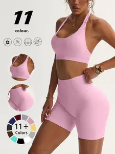 Women's Seamless Knitted Sportswear Set, Halter Bra & High Waist Shorts, Quick-Dry Comfortable Fitness, Sporty High Stretch for All Seasons