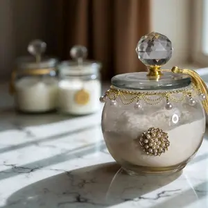 Handcrafted (Made to Order) 24 oz Embellished Cosmetic Dusting Powder Container with Crystal Lid Pearl Accents Faux Pearls Rhinestones Vintage Elegance