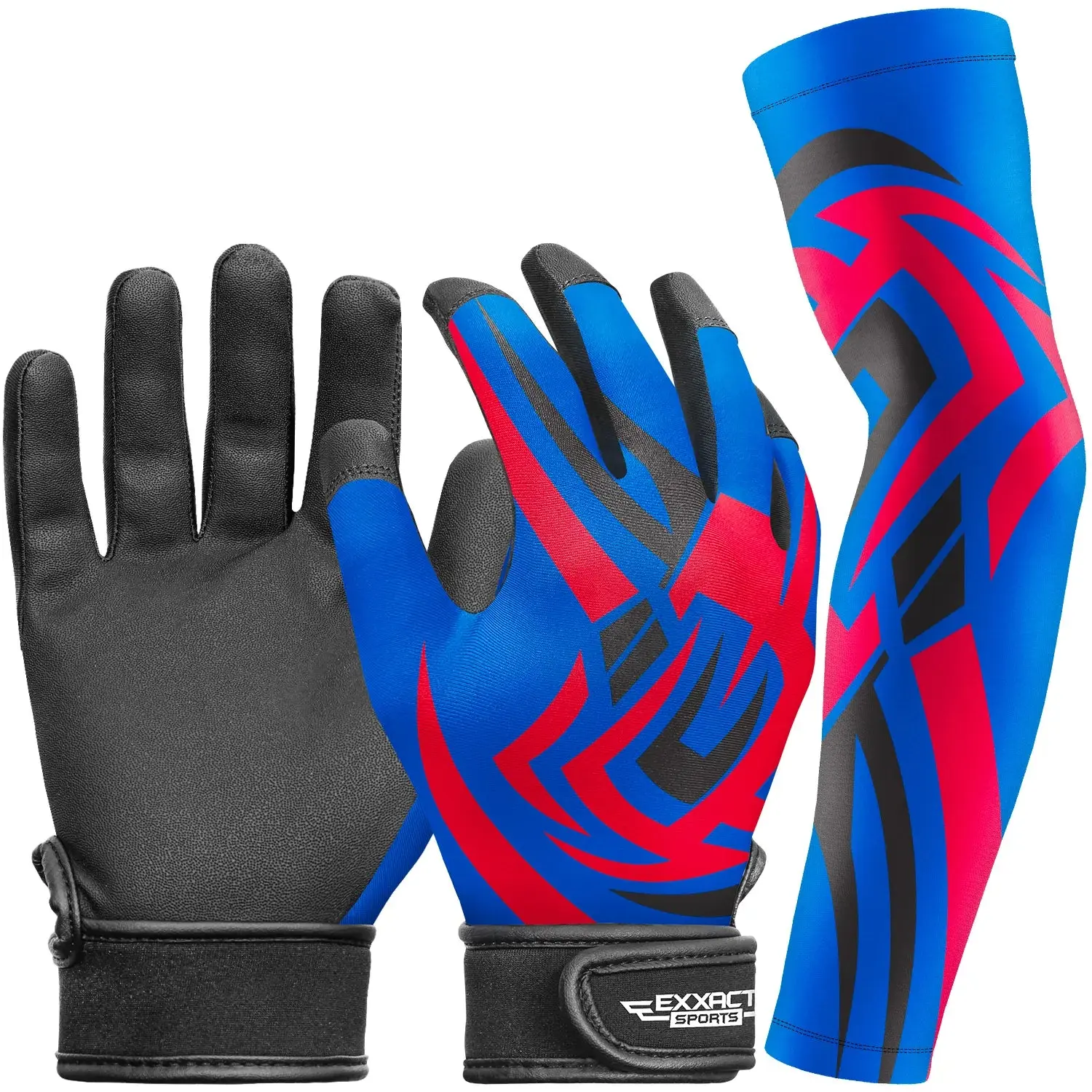 Exxact Sports Youth Anti-Skid Sweat-Absorbing Batting Gloves with Arm Sleeve - For Boys & Girls, Kids Baseball, Softball, T-Ball (Royal Blue Tattoo), Anti-Skid Sports Gloves, Sweat-Absorbing Sports Gloves