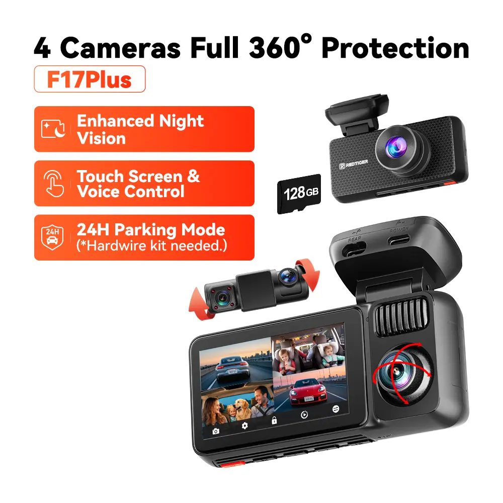 REDTIGER F17 4K 3-Channel Dash Cam with 5GHz WiFi GPS, 64GB Card, 2160P+1080P+1080P Cameras, IR Night Vision, Parking Mode, Car rvibes, Car VLOG, Summervibes
