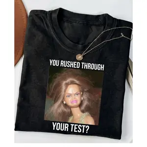 Women's Oversized Ribbed Fabric Casual Everyday T-Shirt - Funny "You Rushed Through Your Test?" Angry Doll Meme Graphic Tee
