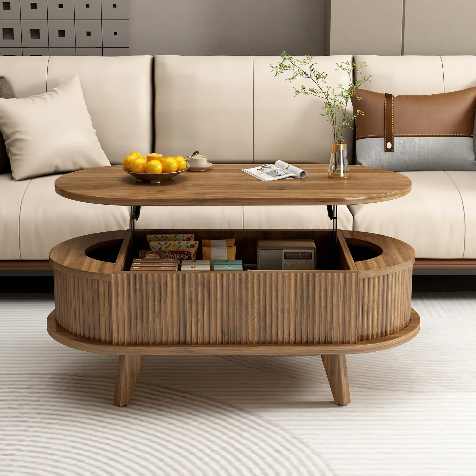 Walnut Brown 45" Farmhouse Modern Oval Wooden Lift Top Coffee Table - Hydraulic Lift Mechanism, Hidden Storage, Fluted Panel Center Table for Living Room Office