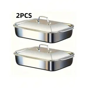4-Piece (2 Stainless Steel Deep Pans And 2 Lids With Handles) Heavy-Duty Stainless Steel Rectangular Fish Baking Tray With Lid, Large Capacity Multi-Purpose Heating Tray, Suitable For Barbecue, Buffet And Home Cooking, Suitable For Dessert, Bread,