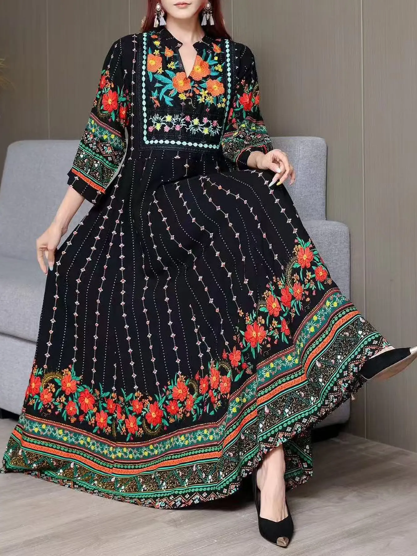 Bohemian Travel Dress, Ethnic Embroidery Long Dress, Vintage Floral Print, Loose Fit, Belted, All Seasons, Women's Fashion, Casual, Casual Boho Soft, Casual Comfy Classy, Boho Styles