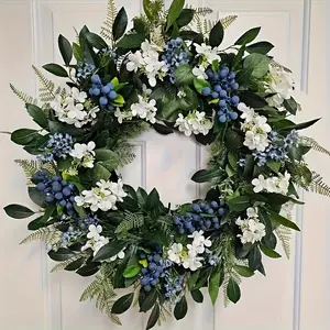 Year-Round Spring Summer Wreath, Artificial Blue Wildflowers Blueberries & White Hydrangeas, Faux Floral Wall Hanging for Farmhouse Home Entrance Door, Maintenance-Free Gift for Adults Women, US Decor for Mother's Day Anniversary