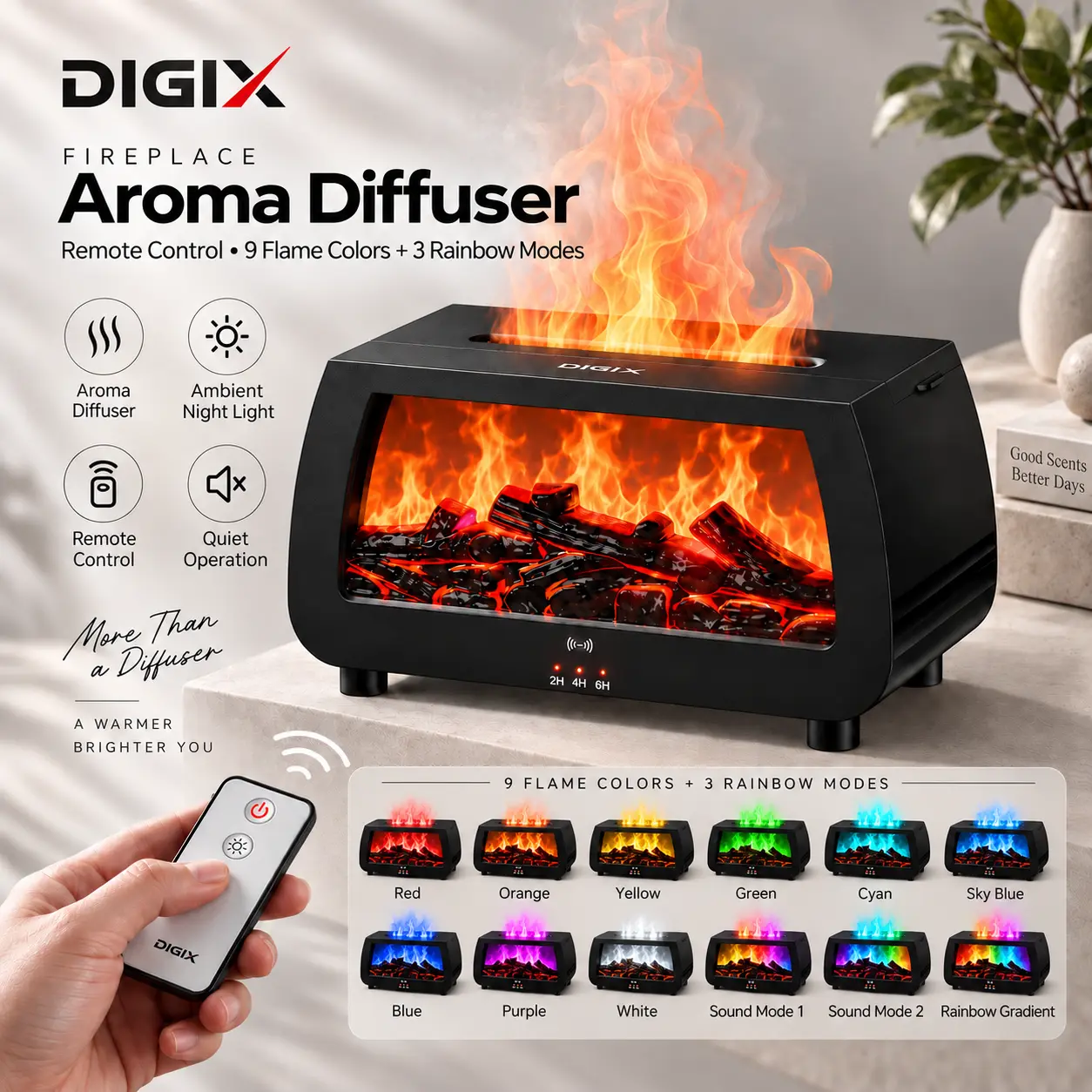 DIGIX Rectangular Sound Reactive Fireplace Look Humidifier - 300ml Ultrasonic Cool Mist & Light Diffuser, Music Sync Flame Effect, Timer, Auto-Off, Home Decor for Bedroom, Office, Gift Option