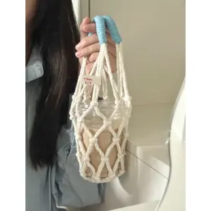 Handmade Knitted Drink Bag with Handle, Eco-Friendly Reusable Mesh Cup Holder, Travel Coffee Mug Hanging Carrier, Cruise Beverage Can Decor