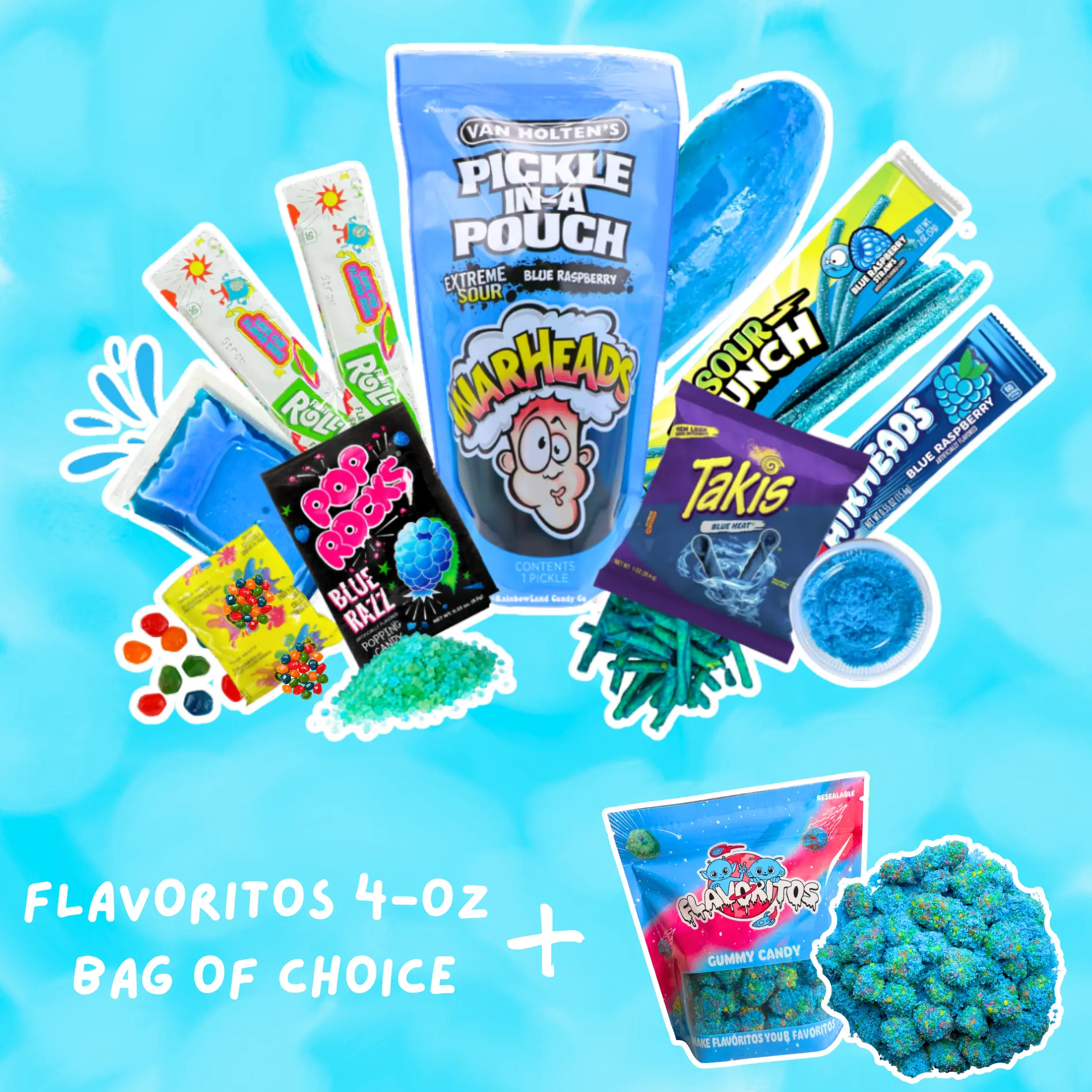 Blue Sour Raspberry Pickle Kit - Sour Bundle with Sweet Flavor, Viral Snacks, Snack Boxes, Free Bag Bonus (Includes Free Flavoritos Candy Bag)