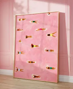 Tiny Swimmers at pool Art Print, Minimalist Tiny People Swimming in Pink Beach Painting, Girly Textured summer wall art, Aerial beach print