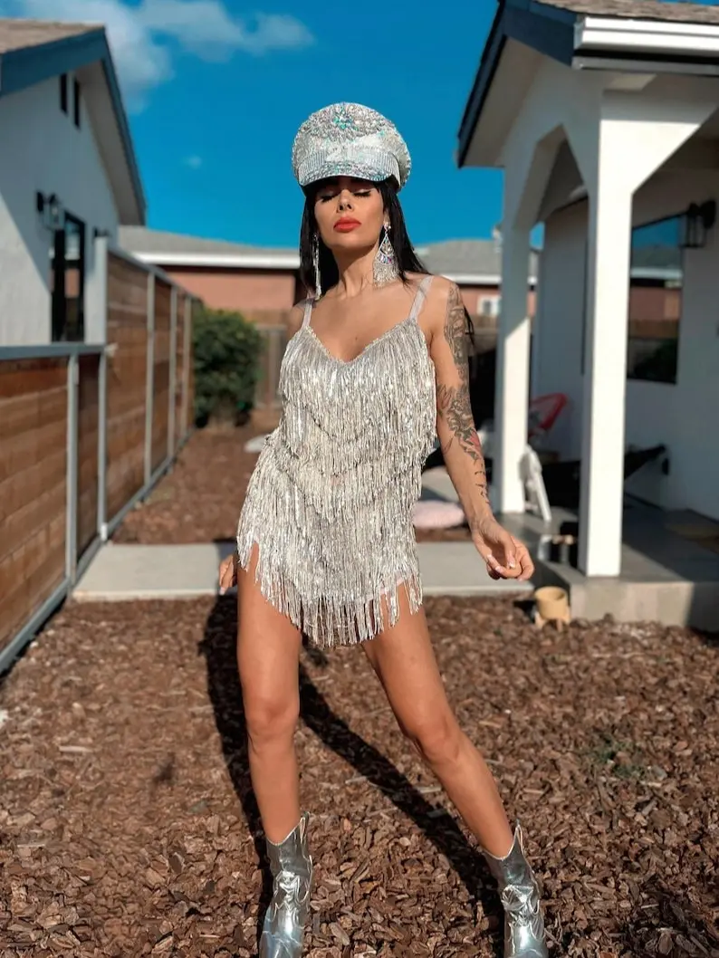 western sequin dress Glam Gold Festival Dress, Gold Cowgirl Dress, Disco Cowboy Outfit, Gold Overall Dress, Sequin Mesh Beach Dress, Gold Goddess Whether youre strutting into the arena at NFR Uillui Womens Fashion Western Fringe