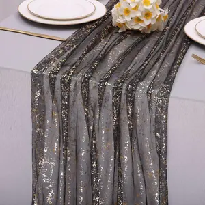 10ft Black and  Table Runner 120 Inch Sequin Metallic Foil Glitter Table Runner for Wedding Reception Holiday Birthday Halloween Party Decorations