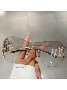 Y2K Rimless Sunglasses for Women, One Piece Lens Outdoor Shades, Trendy Luxury Brand Design, Metal Frame Punk Glasses, Eyewear Goggles