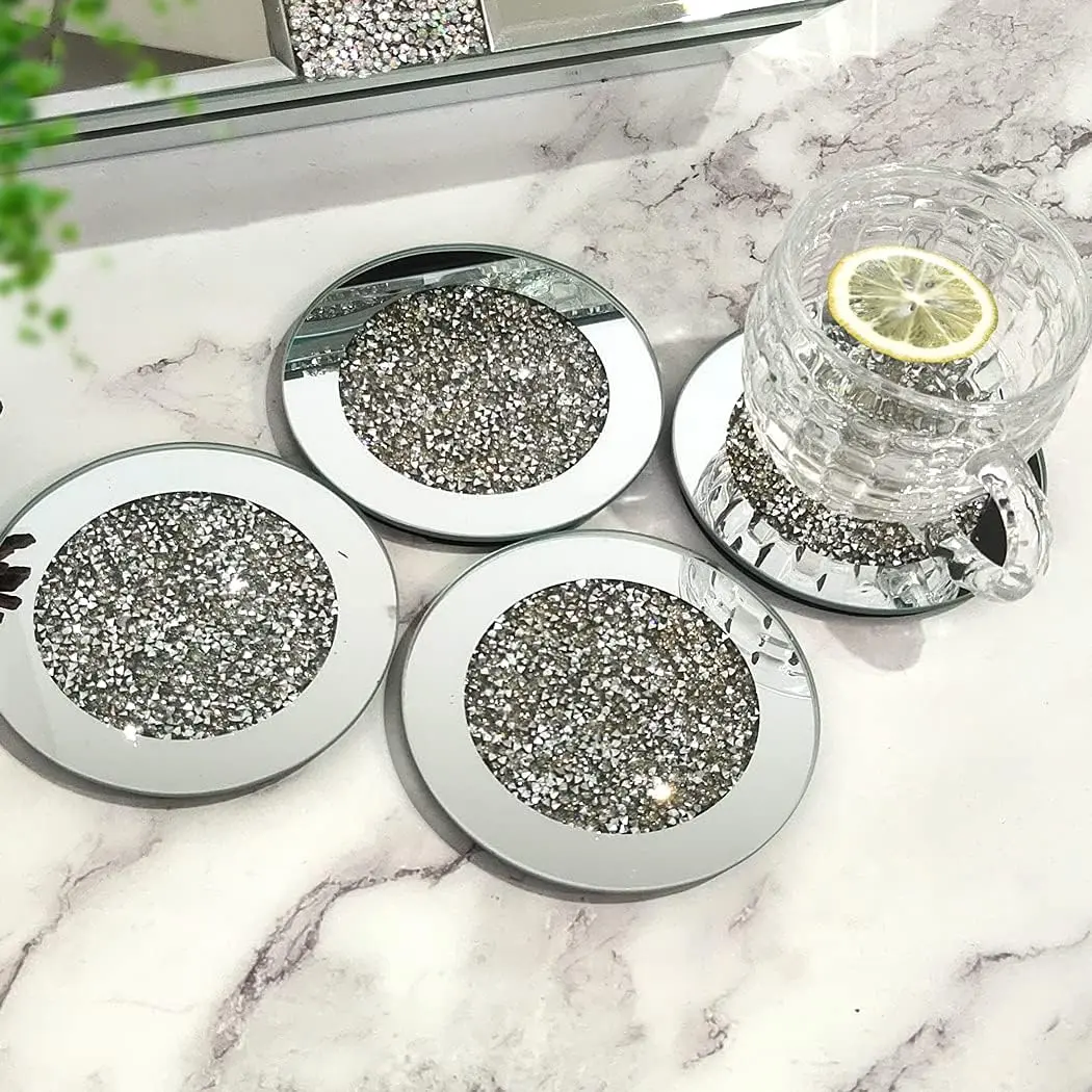 Glass Mirrored Coaster 4 count, Crushed  Round 4" Cup Mat Decor  Tabletop for Bar Tools Dining Table