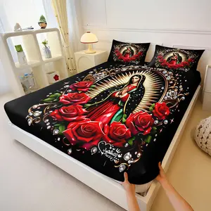 Our Lady of Guadalupe Print Fitted Sheet Set,Religious Art Themed Bed Sheet Set,1 Fitted Sheet with 2 Pillow Cases,Vintage Luxury Sacred Style with Red Roses Rhinestone Golden Halo,for Bedroom Prayer Room Faith Space Personalized Room Decor