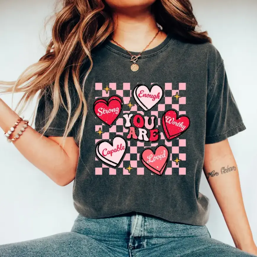 Comfort Color Positive Affirmations Shirt, Teacher Valentine Day Gift, Candy Heart Tshirt Valentines Day Tee, Valentines Shirt For Teacher, Couple To Be Gift, Full Sizes, Full Colors