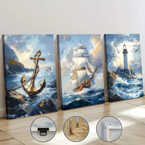 Three Framed Canvas Paintings And Posters That Are Ready to Hang, Featuring Abstract Designs of Sailing Ships, Anchors, Sailboats, And Lighthouses. Includes Frames, Perfect for Home Decor, Wall Art, Room Decoration, And Home Murals. High-Definition Prints