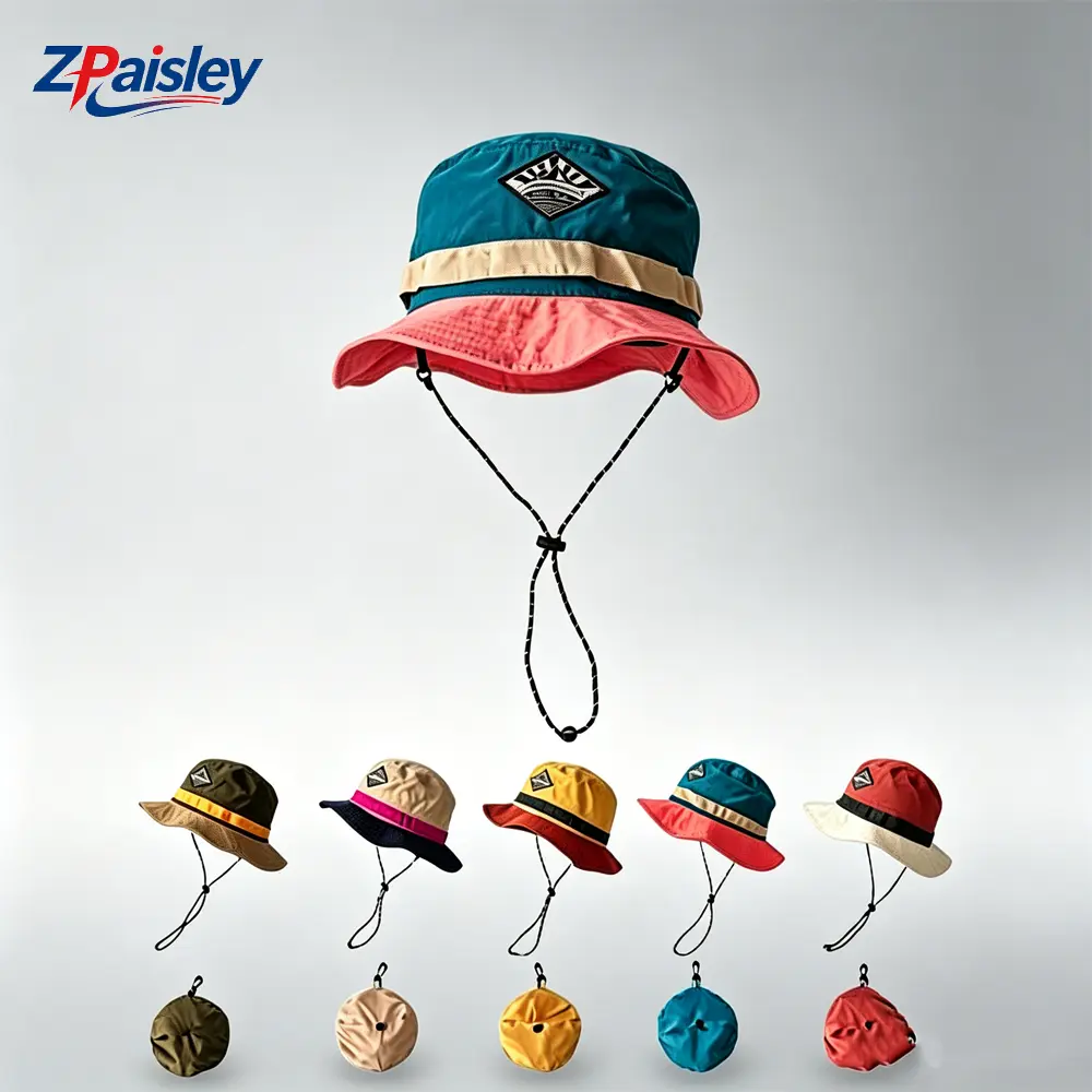 1Pc Foldable Bucket Hat with Chin Strap, Packable Wide Brim UV Protection Sun Hat with Storage Pouch, Color Block Water Resistant Outdoor Fishing Hiking Beach Hat for Men Women