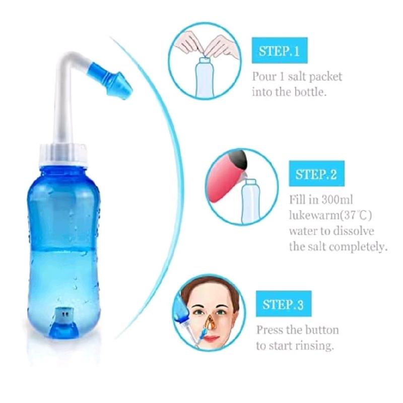 Waterpulse Neti Pot Sinus Rinsing, Nasal Wash Bottle Sinus Rinsing Bottle Cleaner Pressure Irrigation Neti-Pot with Sticker Thermometer for Adult & Kid (300ml with 30 Nasal Wash Salt Packets, Blue)