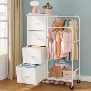 【3-in-1 Design】Raybee 47.3"W 4 Dresser with Hanging Rack & Wheel, Multi-Functional Rolling Clothes Rack with Double Clothes Rod, Tall Space-Saving Closet Organizer & Storage Tower for Bedroom, Entryway, Hallway, Apartment & Small Spaces