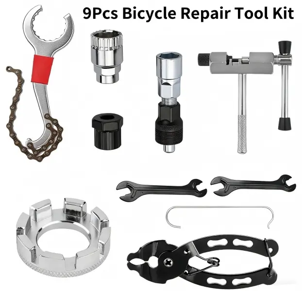 9Pcs Bicycle Repair Tool Kit, Professional 9-in-1 Bike Maintenance Set with Chain Breaker, Crank Puller & Cassette Remover for Mountain & Road Bikes Carbon Mtb