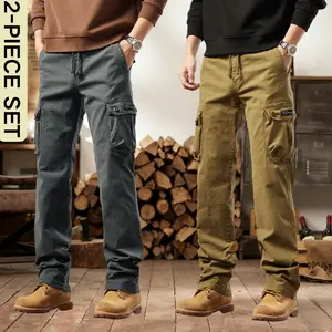 2-Pack Men’s Cargo Straight-Leg Pants, Multi Pockets, Drawstring, Commuter Casual Long Pants