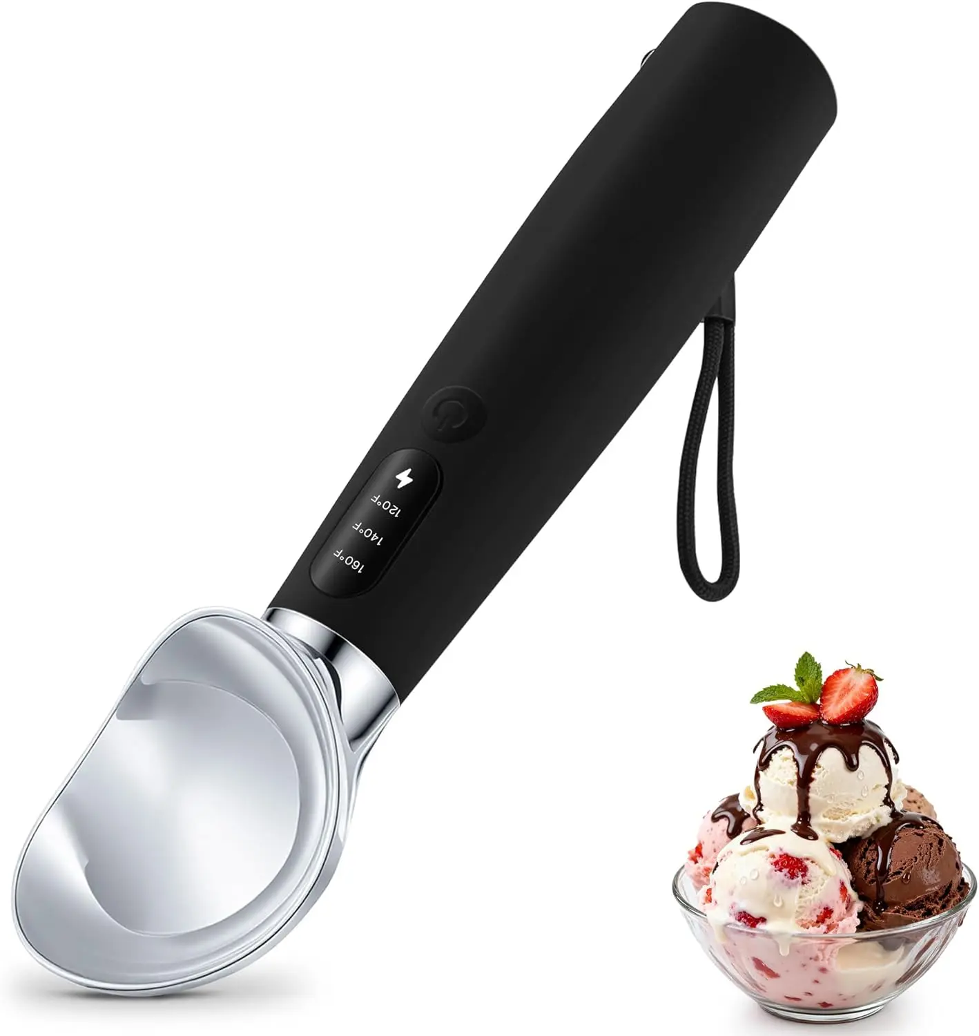 Portable Electric Heated Ice Cream Scoop 3 Settings Heating Up to 160°F 2500mAh Battery LED Display IPX7 Waterproof Easy to Clean for Winter Family Gatherings Utensils Desserts
