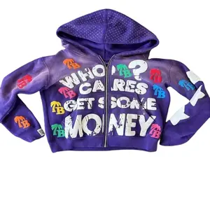 Unisexoversizedzipperhoodie-Whocaresaboutgettingsomemoney?PatternprintwithcolorfulTBletterpatchesY2Kstreetstylehip-hopsportswearmen'sandwomen'slongsleevedcasualjacketautumnandwinterfashionjacketstreetfash