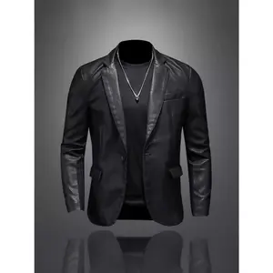 2025 New Trend Slim-fit Leather Blazer for Men, Casual Leather Jacket, Popular Men's Jacket Style Menswear Coats Tops Long Sleeve Beige Plain