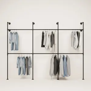 pamo KIM III Heavy Duty Double Wall Mounted Clothes Rail - Open Wardrobe or Industrial Clothes Rack Black Metal