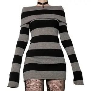 Women Gothic Dress Punk Off Shoulder Striped Knit Dress Y2k Fairy Grunge Dress Halloween Dark Academia Clothes
