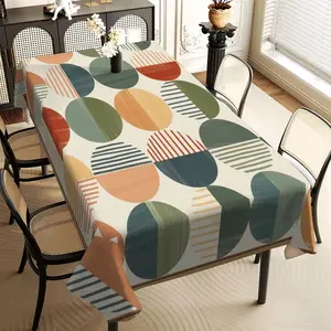 JIT 1pc 2D flat modern stylish dark green and orange circle pattern rectangular tablecloth, suitable for kitchen, living room, and dining table, kitchen accessory, party, room & outdoor decorative tablecloth, a tablecloth gift for friends