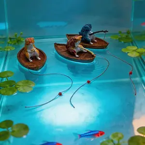 Cute Cat Fishing Boat Set, Durable Resin Material, Realistic Details, Perfect for Aquarium Decor, Fish Tank Decoration, Ocean Theme Micro Landscape