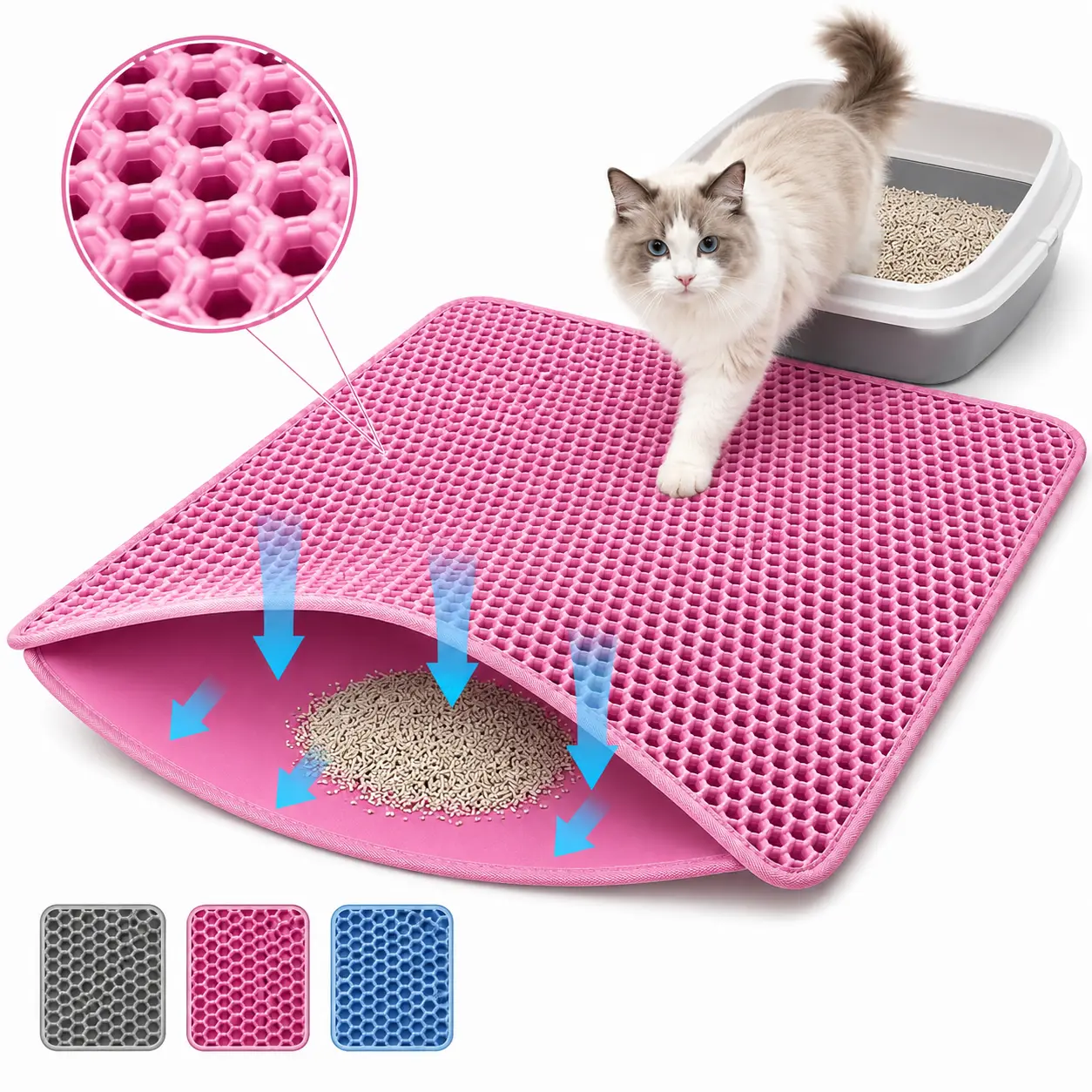 Cat Litter Mat, 47x27Inches Large Double Layer Honeycomb Cat Litter Trapping Mat, Non Slip Waterproof Urine Proof Cat Litter Box Mat for Floor, Kitty Litter Rug, Cat Supplies, Pink