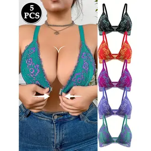5 pieces of plus-size front-opening bras, floral lace triangle cup bras, elegant wireless lace bras for women, with contrasting color lace decorative details, lightweight and breathable, soft and elastic, comfortable and close-fitting lingerie, exquisite