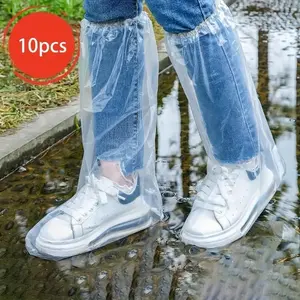 10 Pcs Thick Disposable Rain Boot & Shoe Covers, Mid-Calf to High Ankle, Transparent Pe Plastic, Non-Slip, Water Proof, Unisex, Flood, Travel, Farm Use