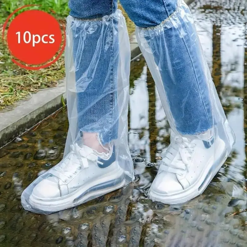 10 Pcs Thick Disposable Rain Boot & Shoe Covers, Mid-Calf to High Ankle, Transparent Pe Plastic, Non-Slip, Water Proof, Unisex, Flood, Travel, Farm Use