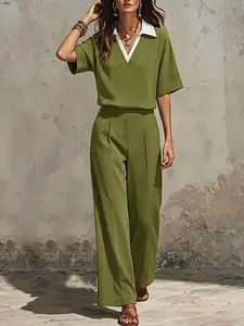 ZANZEA Women's Fashion Commuter Style, Stand Collar V Neck Five-Quarter Sleeve Colorblock Loose Cover-Up, Pleated Solid Long Pants Set, Suits, Casual Two-Piece